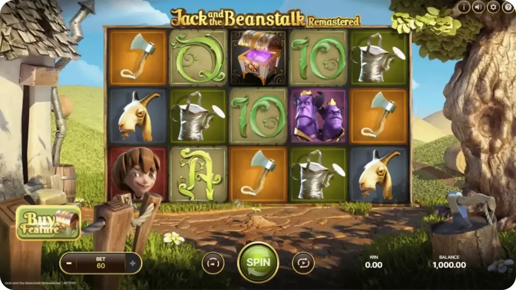 Jack and the Beanstalk main screen – beanstalk background with Jack, goat, harp and treasure symbols visible