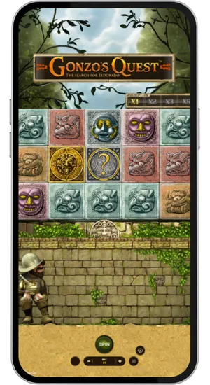 Gonzo's Quest gameplay showing mystery Free Fall symbols marked with question marks ready to trigger bonus round