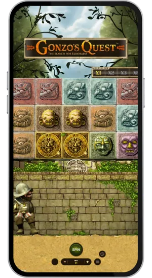 Gonzo's Quest main game screen showing 5x3 grid with colorful ancient mask symbols and Aztec temple backdrop