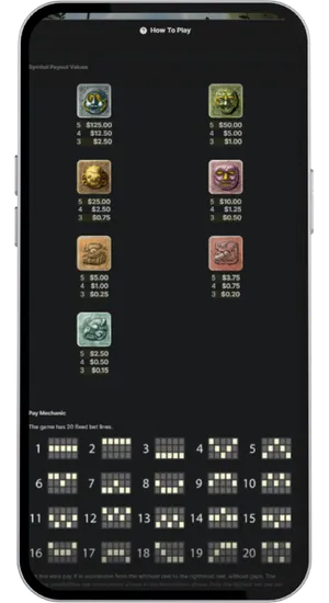 Complete paytable screen displaying all Gonzo's Quest symbols with their multiplier values and 20 fixed payline patterns