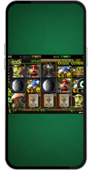 Casino game lobby with search bar showing Greedy Goblins slot by Betsoft in results