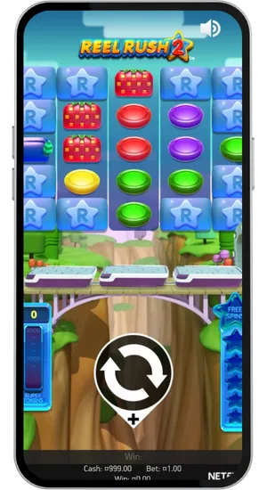 Reel Rush 2 base game showing 5x5 grid with colorful candy symbols, star blockers and Super Tokens meter ready for first spin