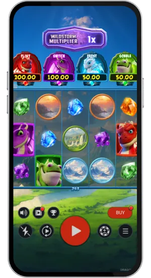 Dragonz 2 base game showing 5x3 reels with 243 ways to win and dragon jackpot meters