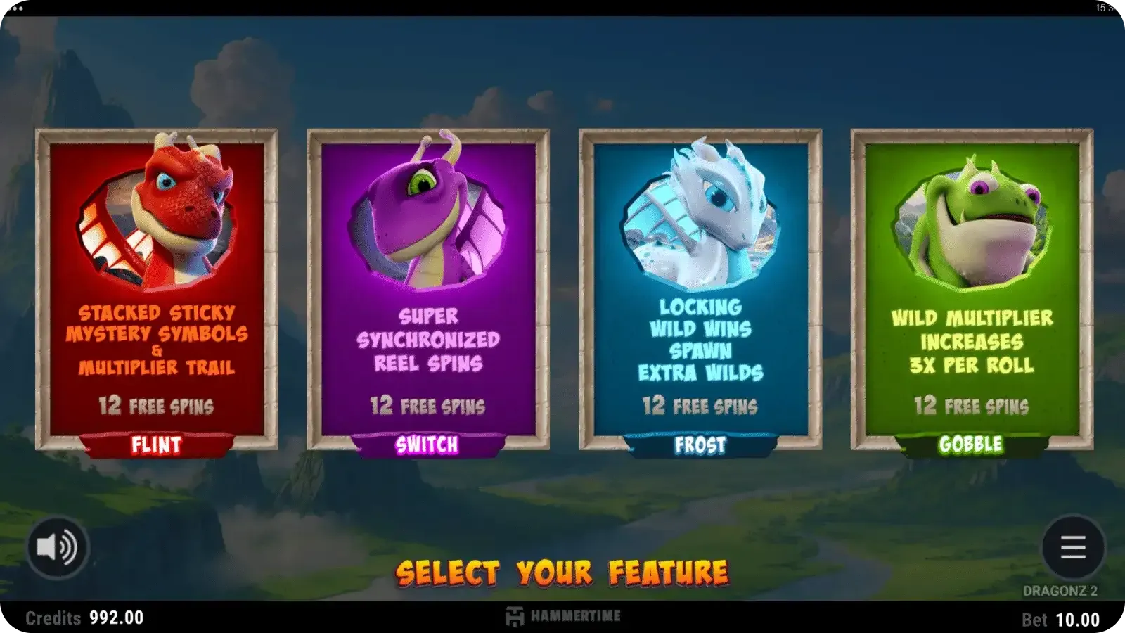Dragonz 2 bonus selection screen before free spins