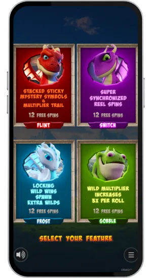 Dragonz 2 bonus selection screen with four dragon options: Flint, Switch, Frost, and Gobble