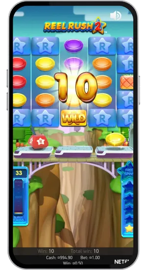 Reel Rush 2 winning screen highlighting cluster of matching symbols with multiplier value and total win amount in coins displayed