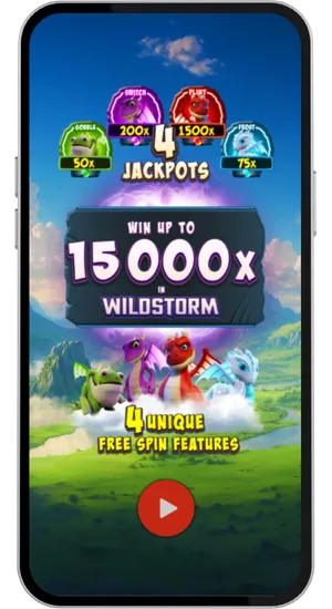 Dragonz 2 game launch screen with four dragon jackpots and 15000x max win Wildstorm feature