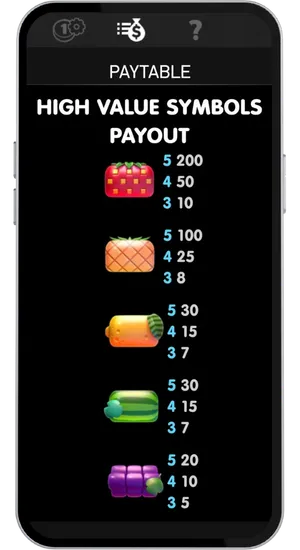 Reel Rush 2 paytable screen displaying high value fruit symbols including strawberry, pineapple and watermelon with cluster payout values