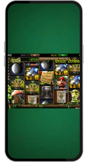 Greedy Goblins game interface with spin button ready and confirmed bet settings