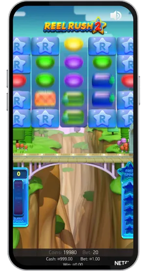 Reel Rush 2 gameplay screen with active reels spinning, balance tracker visible and spin button highlighted for player interaction
