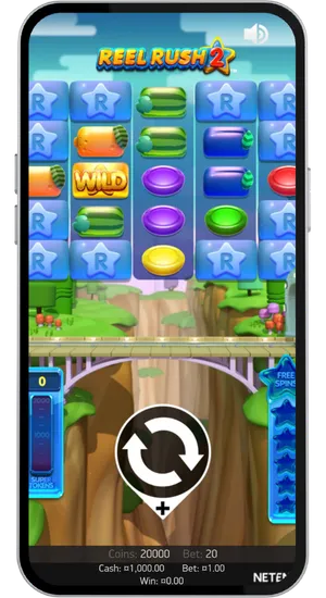 Casino games library with search bar showing Reel Rush 2 by NetEnt in filtered results alongside provider category filters