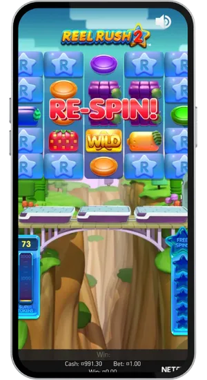 Reel Rush 2 respin feature triggered showing RE-SPIN text overlay with Wild symbols locked in position and purple gem clusters
