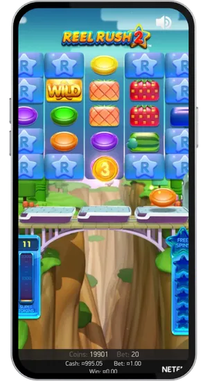 Reel Rush 2 gameplay showing progressive Super Tokens meter filling up with golden coin symbol and numbered counter display