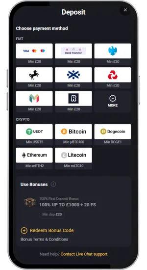 Casino cashier showing deposit methods including debit cards and UK payment options with £10 minimum
