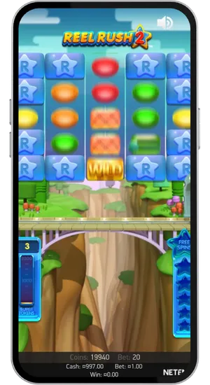 Reel Rush 2 cascading win sequence featuring golden Wild symbols and cluster pay combinations with Super Tokens counter active