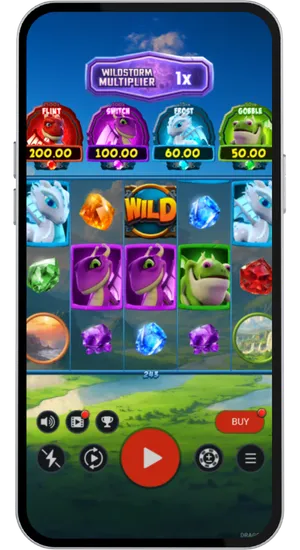 Dragonz 2 gameplay with golden Wild symbol appearing on reels with dragon and gem symbols